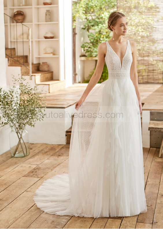 Plunging Neck Ivory Lace Dots Tulle Ruffled Wedding Dress